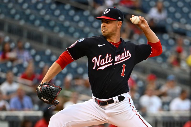 Aug 16, 2023; Washington, District of Columbia, USA; Washington Nationals starting pitcher MacKenzie Gore (1) throws to the Boston Red Sox during the first inning at Nationals Park. Mandatory Credit: Brad Mills-USA TODAY Sports