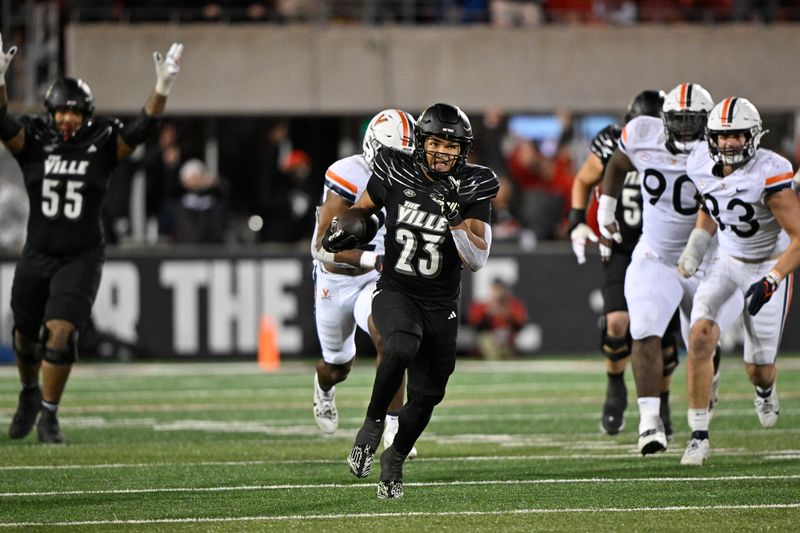 Nov 9, 2023; Louisville, Kentucky, USA; Louisville Cardinals running back Isaac Guerendo (23) runs the ball against the Virginia Cavaliers to score a touchdown during the second half at L&N Federal Credit Union Stadium. Louisville defeated Virginia 31-24. Mandatory Credit: Jamie Rhodes-USA TODAY Sports