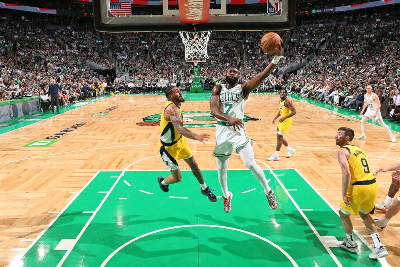 BOSTON, MA - MAY 21: Jaylen Brown #7 of the Boston Celtics drives to the basket during the game against the Indiana Pacers during Game 1 of the Eastern Conference Finals of the 2024 NBA Playoffs on May 21, 2024 at the TD Garden in Boston, Massachusetts. NOTE TO USER: User expressly acknowledges and agrees that, by downloading and or using this photograph, User is consenting to the terms and conditions of the Getty Images License Agreement. Mandatory Copyright Notice: Copyright 2024 NBAE  (Photo by Nathaniel S. Butler/NBAE via Getty Images)