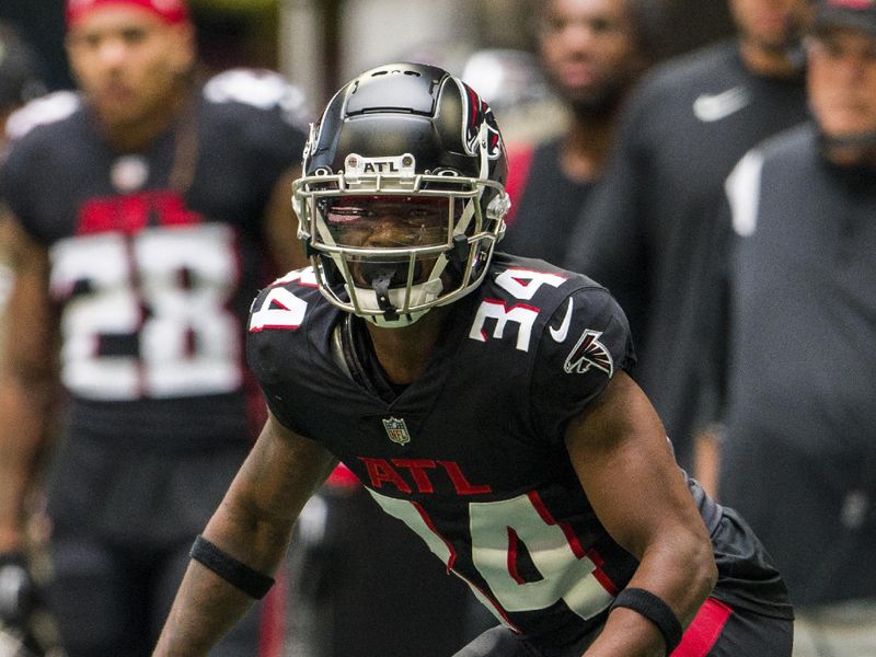 Atlanta Falcons cornerback Darren Hall (34) works during the first half of an NFL football game against the Los Angeles Chargers, Sunday, Nov. 6, 2022, in Atlanta. The Los Angeles Chargers won 20-17. (AP Photo/Danny Karnik)