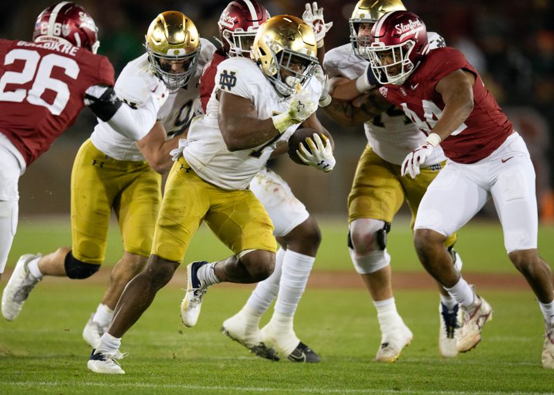 Nov 25, 2023; Stanford, California, USA; Notre Dame Fighting Irish running back Audric Estim   (7) breaks free for another touchdown run against the Stanford Cardinal during the third quarter at Stanford Stadium. Mandatory Credit: D. Ross Cameron-USA TODAY Sports