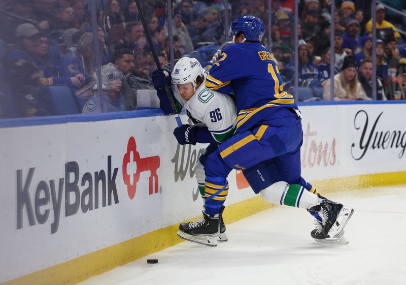 Jan 13, 2024; Buffalo, New York, USA;  Buffalo Sabres left wing Jordan Greenway (12) checks Vancouver Canucks left wing Andrei Kuzmenko (96) as he goes after the puck during the first period at KeyBank Center. Mandatory Credit: Timothy T. Ludwig-USA TODAY Sports