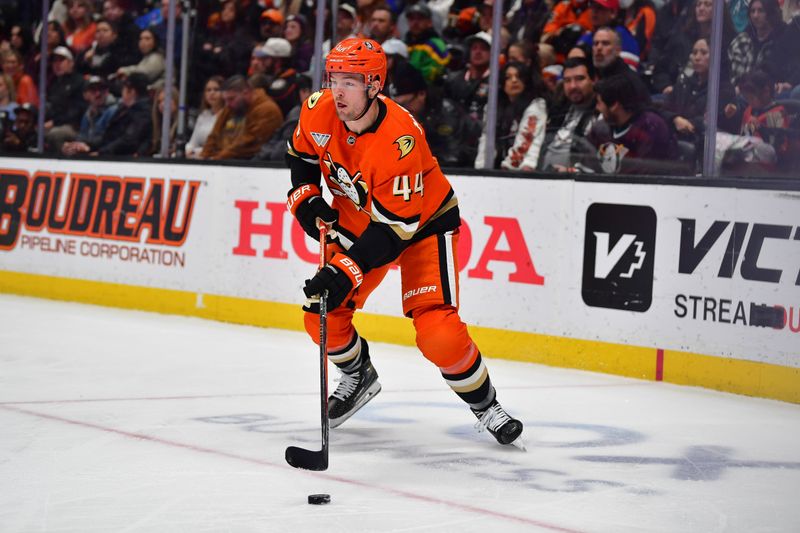 Feb 3, 2026; Anaheim, California, USA; Anaheim Ducks left wing Ross Johnston (44) controls the puck against the Seattle Kraken during the second period at Honda Center. Mandatory Credit: Gary A. Vasquez-Imagn Images