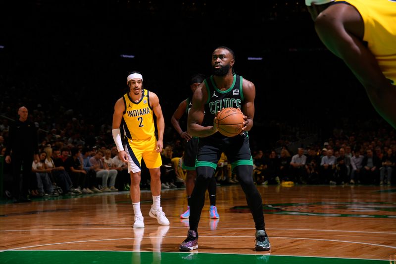 BOSTON, MA - MAY 23:  Jaylen Brown #7 of the Boston Celtics shoots a free throw during the game against the Indiana Pacers during Game 2 of the Eastern Conference Finals of the 2024 NBA Playoffs on May 23, 2024 at the TD Garden in Boston, Massachusetts. NOTE TO USER: User expressly acknowledges and agrees that, by downloading and or using this photograph, User is consenting to the terms and conditions of the Getty Images License Agreement. Mandatory Copyright Notice: Copyright 2024 NBAE  (Photo by Brian Babineau/NBAE via Getty Images)