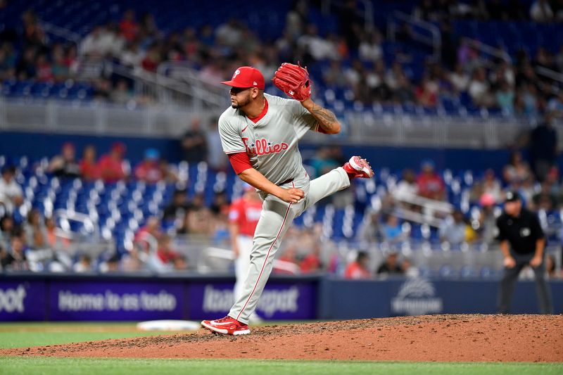 May 11, 2024; Miami, Florida, USA;  Philadelphia Phillies pitcher Jose Ruiz (66) throws against the Miami Marlins during the ninth inning at loanDepot Park. Mandatory Credit: Michael Laughlin-USA TODAY Sports