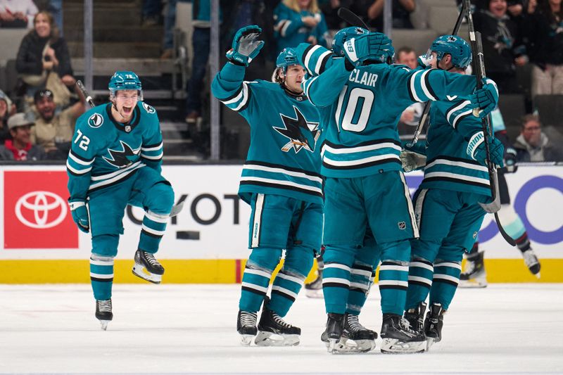 Jan 30, 2024; San Jose, California, USA; San Jose Sharks defenseman Marc-Edouard Vlasic (44) celebrates with his teammates after scoring a goal against the Seattle Kraken during the third period at SAP Center at San Jose. Mandatory Credit: Robert Edwards-USA TODAY Sports