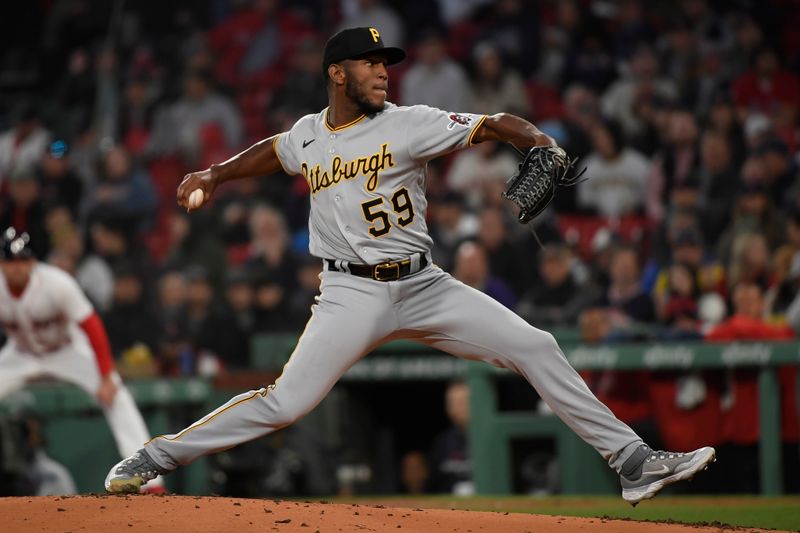 Apr 4, 2023; Boston, Massachusetts, USA;  Pittsburgh Pirates starting pitcher Roansy Contreras (59) pitches during the first inning against the Boston Red Sox at Fenway Park. Mandatory Credit: Bob DeChiara-USA TODAY Sports