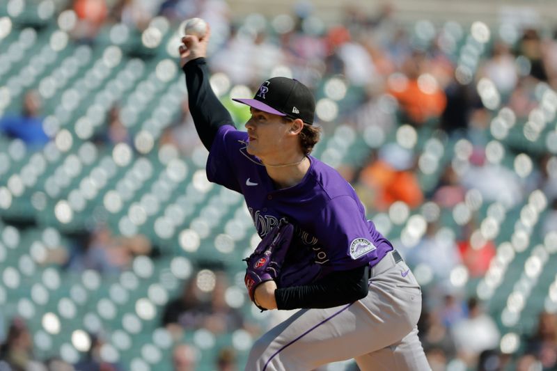 Sep 12, 2024; Detroit, Michigan, USA;  Colorado Rockies pitcher Ryan Feltner (18) pitches in the first inning against the Detroit Tigers at Comerica Park. Mandatory Credit: Rick Osentoski-Imagn Images