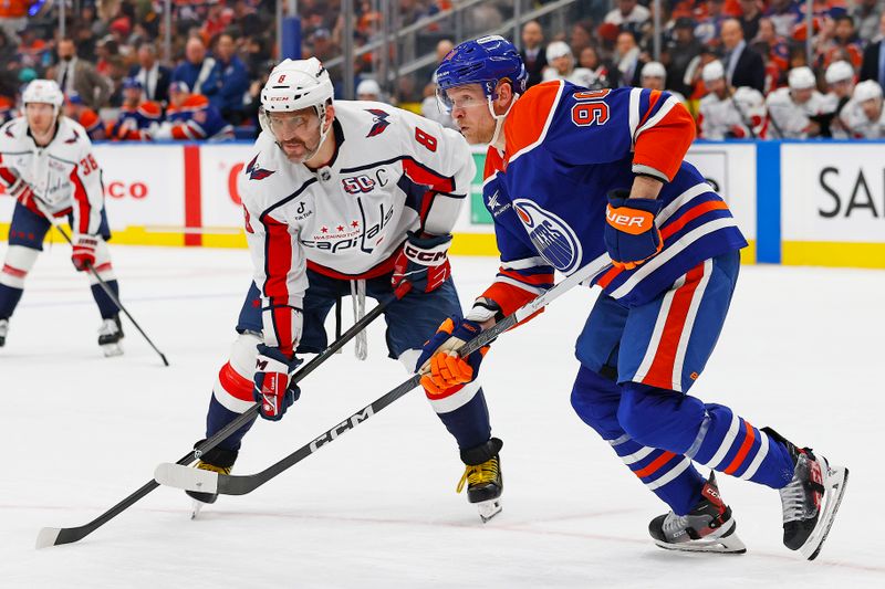 Jan 21, 2025; Edmonton, Alberta, CAN; Edmonton Oilers forward Corey Perry (90) and Washington Capitals forward Alex Ovechkin (8) look for a loose puck during the second period at Rogers Place. Mandatory Credit: Perry Nelson-Imagn Images