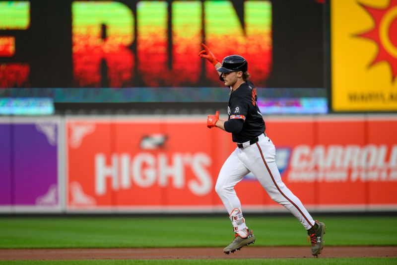 May 17, 2024; Baltimore, Maryland, USA; Baltimore Orioles shortstop Gunnar Henderson (2) reacts after hitting home run during the first inning against the Seattle Mariners at Oriole Park at Camden Yards. Mandatory Credit: Reggie Hildred-USA TODAY Sports