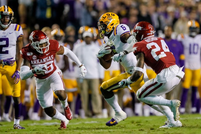 Nov 23, 2019; Baton Rouge, LA, USA; LSU Tigers wide receiver Terrace Marshall Jr. (6) carries the ball past Arkansas Razorbacks defensive back LaDarrius Bishop (24) during the first half at Tiger Stadium. Mandatory Credit: Stephen Lew-USA TODAY Sports