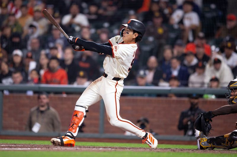 Jun 2, 2025; San Francisco, California, USA; San Francisco Giants center fielder Jung Hoo Lee (51) strikes out to end the ninth inning against the San Diego Padres at Oracle Park. Mandatory Credit: D. Ross Cameron-Imagn Images