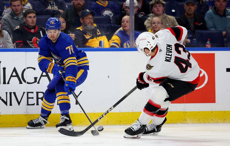 Nov 5, 2024; Buffalo, New York, USA;  Ottawa Senators defenseman Tyler Kleven (43) tries to block a pass by Buffalo Sabres defenseman Jacob Bryson (78) during the second period at KeyBank Center. Mandatory Credit: Timothy T. Ludwig-Imagn Images