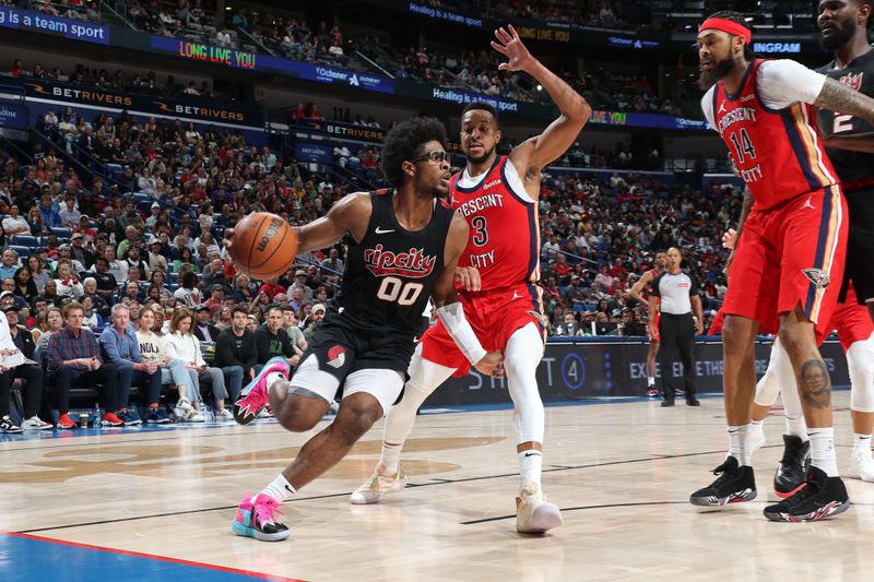 NEW ORLEANS, LA - MARCH 16: Scoot Henderson #00 of the Portland Trail Blazers drives to the basket during the game against the New Orleans Pelicans on March 16, 2024 at the Smoothie King Center in New Orleans, Louisiana. NOTE TO USER: User expressly acknowledges and agrees that, by downloading and or using this Photograph, user is consenting to the terms and conditions of the Getty Images License Agreement. Mandatory Copyright Notice: Copyright 2024 NBAE (Photo by Layne Murdoch Jr./NBAE via Getty Images)