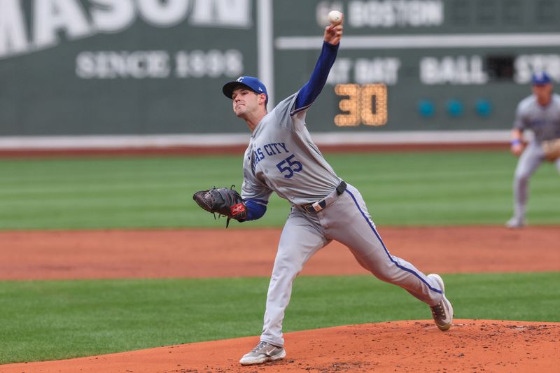 Jul 12, 2024; Boston, Massachusetts, USA; Kansas City Royals starting pitcher Cole Ragans (55) throws a pitch during the first inning against the Boston Red Sox at Fenway Park. Mandatory Credit: Paul Rutherford-USA TODAY Sports