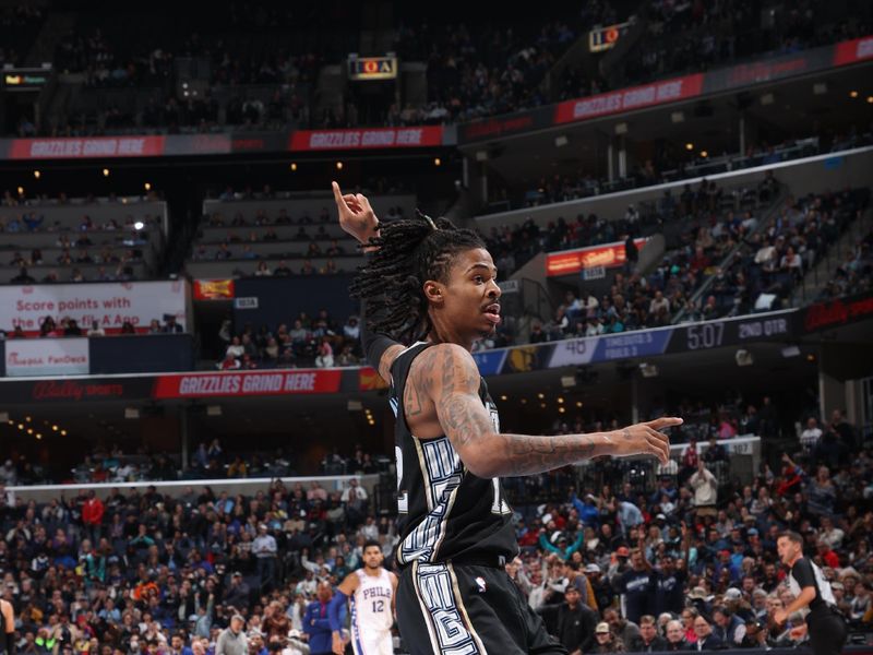 MEMPHIS, TN - DECEMBER 2: Ja Morant #12 of the Memphis Grizzlies sets the play during the game against the Philadelphia 76ers on December 2, 2022 at FedExForum in Memphis, Tennessee. NOTE TO USER: User expressly acknowledges and agrees that, by downloading and or using this photograph, User is consenting to the terms and conditions of the Getty Images License Agreement. Mandatory Copyright Notice: Copyright 2022 NBAE (Photo by Joe Murphy/NBAE via Getty Images)