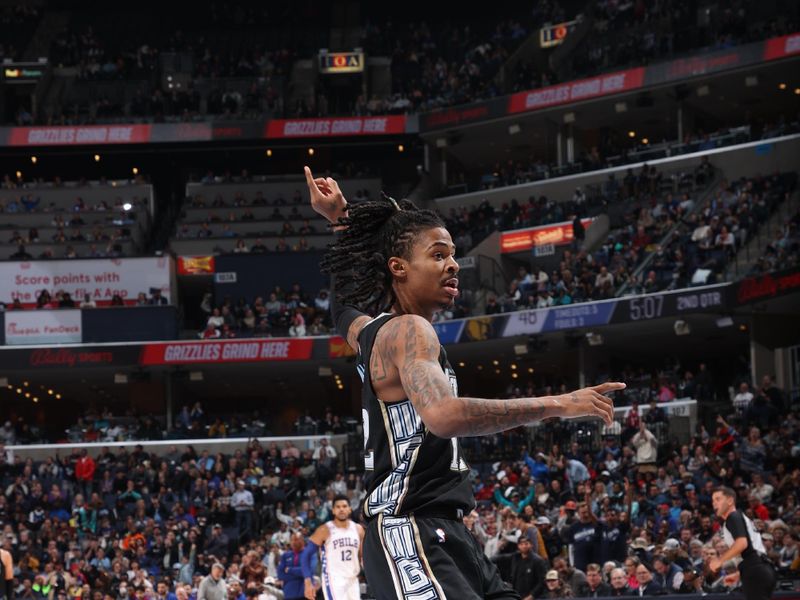 MEMPHIS, TN - DECEMBER 2: Ja Morant #12 of the Memphis Grizzlies sets the play during the game against the Philadelphia 76ers on December 2, 2022 at FedExForum in Memphis, Tennessee. NOTE TO USER: User expressly acknowledges and agrees that, by downloading and or using this photograph, User is consenting to the terms and conditions of the Getty Images License Agreement. Mandatory Copyright Notice: Copyright 2022 NBAE (Photo by Joe Murphy/NBAE via Getty Images)