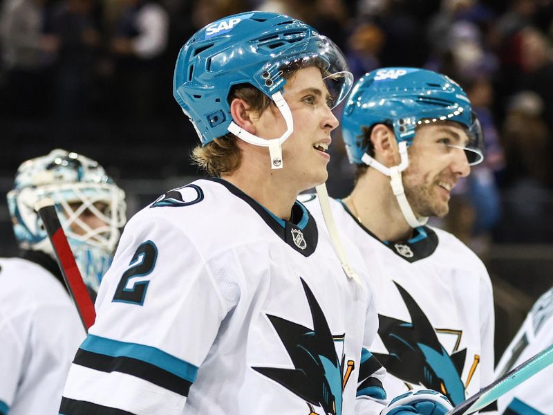 Oct 23, 2025; New York, New York, USA;  San Jose Sharks center Will Smith (2) skates off the ice after scoring the game winning goal in overtime against the New York Rangers at Madison Square Garden. Mandatory Credit: Wendell Cruz-Imagn Images