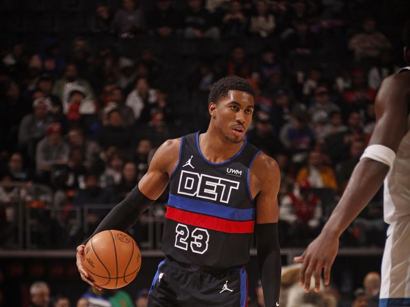 DETROIT, MI - JANUARY 17: Jaden Ivey #23 of the Detroit Pistons dribbles the ball during the game against the Minnesota Timberwolves on January 17, 2024 at Little Caesars Arena in Detroit, Michigan. NOTE TO USER: User expressly acknowledges and agrees that, by downloading and/or using this photograph, User is consenting to the terms and conditions of the Getty Images License Agreement. Mandatory Copyright Notice: Copyright 2024 NBAE (Photo by Brian Sevald/NBAE via Getty Images)