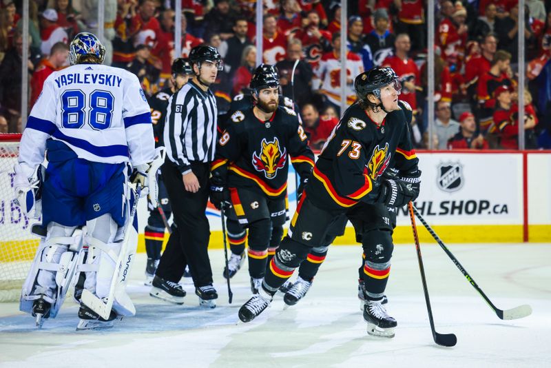 Jan 21, 2023; Calgary, Alberta, CAN; Calgary Flames right wing Tyler Toffoli (73) celebrates his goal with teammates against Tampa Bay Lightning goaltender Andrei Vasilevskiy (88) during the second period at Scotiabank Saddledome. Mandatory Credit: Sergei Belski-USA TODAY Sports