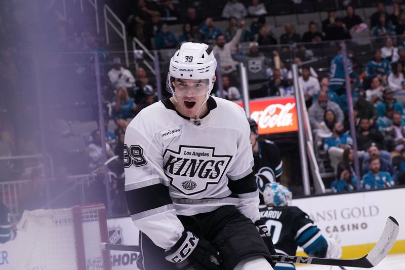 Oct 28, 2025; San Jose, California, USA; Los Angeles Kings left winger Jeff Malott (39) celebrates after scoring a goal against the San Jose Sharks in the second period at SAP Center at San Jose. Mandatory Credit: David Gonzales-Imagn Images