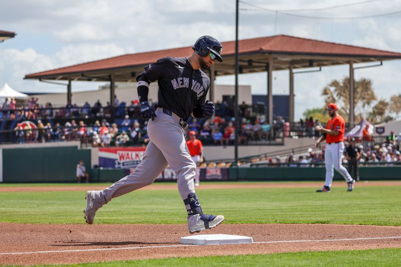Mar 12, 2026; Lakeland, Florida, USA; New York Yankees catcher J.C. Escarra (25) rounds third after hitting a home run during the first inning against the Detroit Tigers at Publix Field at Joker Marchant Stadium. Mandatory Credit: Mike Watters-Imagn Images