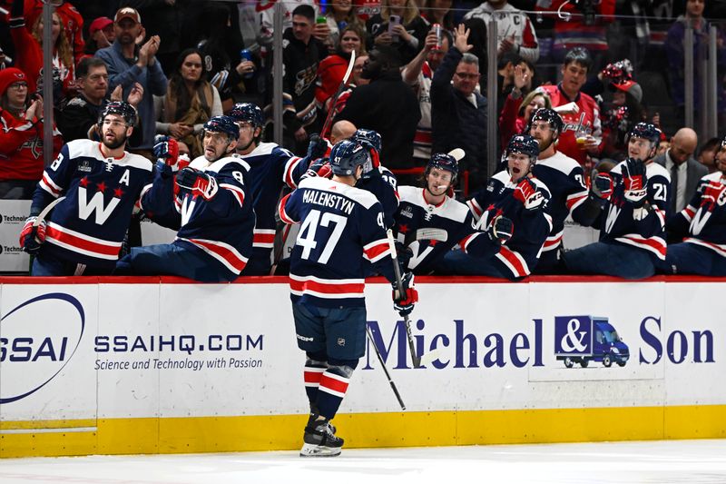 Dec 30, 2023; Washington, District of Columbia, USA; Washington Capitals left wing Beck Malenstyn (47) is congratulated by teammates after scoring a goal against the Nashville Predators during the first period at Capital One Arena. Mandatory Credit: Brad Mills-USA TODAY Sports