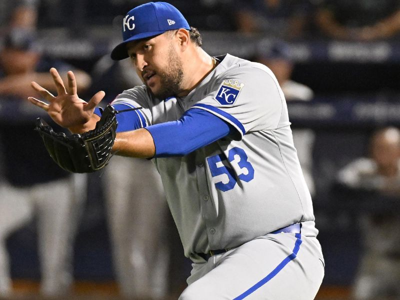 Apr 30, 2025; St. Petersburg, Florida, USA; Kansas City Royals relief pitcher Carlos Estevez (53) reacts after getting the final out against the Tampa Bay Rays at George M. Steinbrenner Field. Mandatory Credit: Jonathan Dyer-Imagn Images