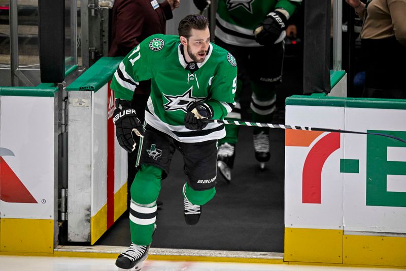 Apr 11, 2024; Dallas, Texas, USA; Dallas Stars center Tyler Seguin (91) skate in warms up prior to a game against against the Winnipeg Jets at the American Airlines Center. Mandatory Credit: Jerome Miron-USA TODAY Sports