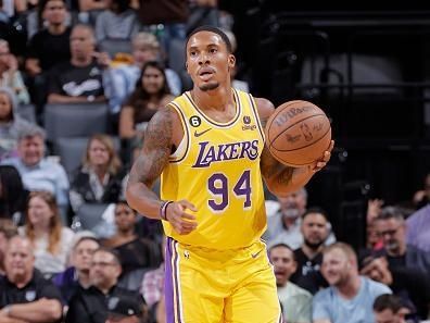 SACRAMENTO, CA - OCTOBER 14: Nate Pierre-Louis #94 of the Los Angeles Lakers dribbles the ball during the game against the Sacramento Kings on October 14, 2022 at Golden 1 Center in Sacramento, California. NOTE TO USER: User expressly acknowledges and agrees that, by downloading and or using this Photograph, user is consenting to the terms and conditions of the Getty Images License Agreement. Mandatory Copyright Notice: Copyright 2022 NBAE (Photo by Rocky Widner/NBAE via Getty Images)