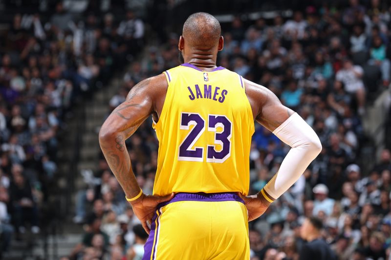 SAN ANTONIO, TX - NOVEMBER 27: LeBron James #23 of the Los Angeles Lakers looks on during the game against the San Antonio Spurs on November 27, 2024 at the Frost Bank Center in San Antonio, Texas. NOTE TO USER: User expressly acknowledges and agrees that, by downloading and or using this photograph, user is consenting to the terms and conditions of the Getty Images License Agreement. Mandatory Copyright Notice: Copyright 2024 NBAE (Photos by Jeff Haynes/NBAE via Getty Images)