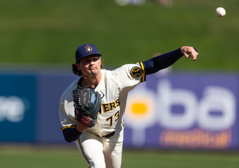 Feb 27, 2026; Phoenix, Arizona, USA; Milwaukee Brewers pitcher Shane Drohan against the Chicago White Sox during a spring training game at American Family Fields of Phoenix. Mandatory Credit: Mark J. Rebilas-Imagn Images