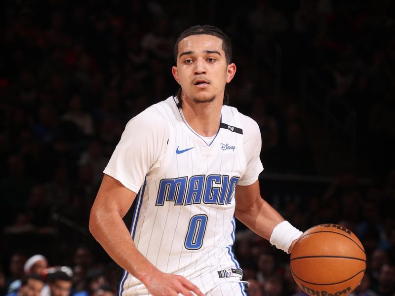 NEW YORK, NY - JANUARY 6: Anthony Black #0 of the Orlando Magic dribbles the ball during the game against the New York Knicks on January 6, 2025 at Madison Square Garden in New York City, New York.  NOTE TO USER: User expressly acknowledges and agrees that, by downloading and or using this photograph, User is consenting to the terms and conditions of the Getty Images License Agreement. Mandatory Copyright Notice: Copyright 2025 NBAE  (Photo by Nathaniel S. Butler/NBAE via Getty Images)