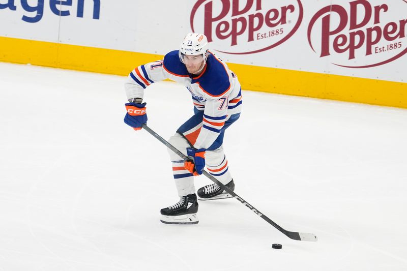 May 31, 2024; Dallas, Texas, USA; Edmonton Oilers center Ryan McLeod (71) in action against the Dallas Stars during the third period between the Dallas Stars and the Edmonton Oilers in game five of the Western Conference Final of the 2024 Stanley Cup Playoffs at American Airlines Center. Mandatory Credit: Chris Jones-USA TODAY Sports