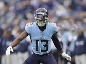 Tennessee Titans cornerback Chidobe Awuzie (13) defends during the first half of an NFL football game against the Jacksonville Jaguars, Sunday, Dec. 8, 2024, in Nashville, Tenn. (AP Photo/Stew Milne)