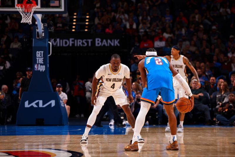 OKLAHOMA CITY, OK - NOVEMBER 13:  Javonte Green #4 of the New Orleans Pelicans plays defense during the game against the Oklahoma City Thunder on November 13, 2024 at Paycom Center in Oklahoma City, Oklahoma. NOTE TO USER: User expressly acknowledges and agrees that, by downloading and or using this photograph, User is consenting to the terms and conditions of the Getty Images License Agreement. Mandatory Copyright Notice: Copyright 2024 NBAE (Photo by Zach Beeker/NBAE via Getty Images)