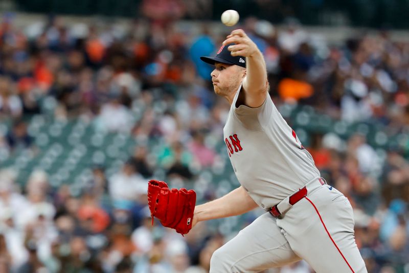 May 12, 2025; Detroit, Michigan, USA;  Boston Red Sox pitcher Sean Newcomb (19) pitches third inning against the Detroit Tigers at Comerica Park. Mandatory Credit: Rick Osentoski-Imagn Images