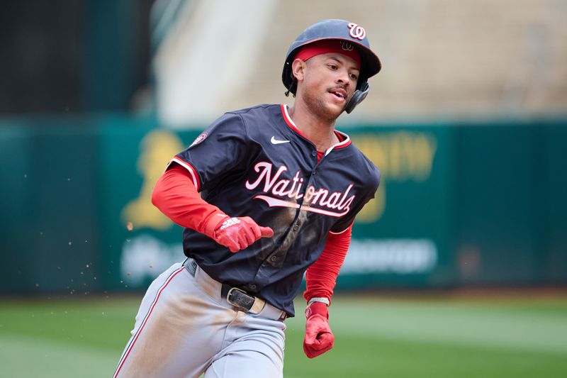 Apr 14, 2024; Oakland, California, USA; Washington Nationals third baseman Trey Lipscomb (38) runs the bases against the Oakland Athletics during the sixth inning at Oakland-Alameda County Coliseum. Mandatory Credit: Robert Edwards-USA TODAY Sports
