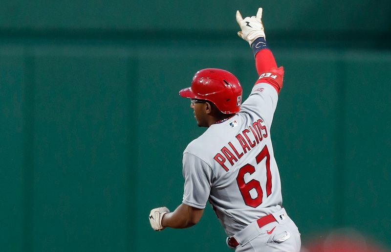 Aug 22, 2023; Pittsburgh, Pennsylvania, USA; St. Louis Cardinals centerfielder Richie Palacios (67) reacts as he circles the bases on his first career MLB home run against the Pittsburgh Pirates during the fifth inning at PNC Park. Mandatory Credit: Charles LeClaire-USA TODAY Sports