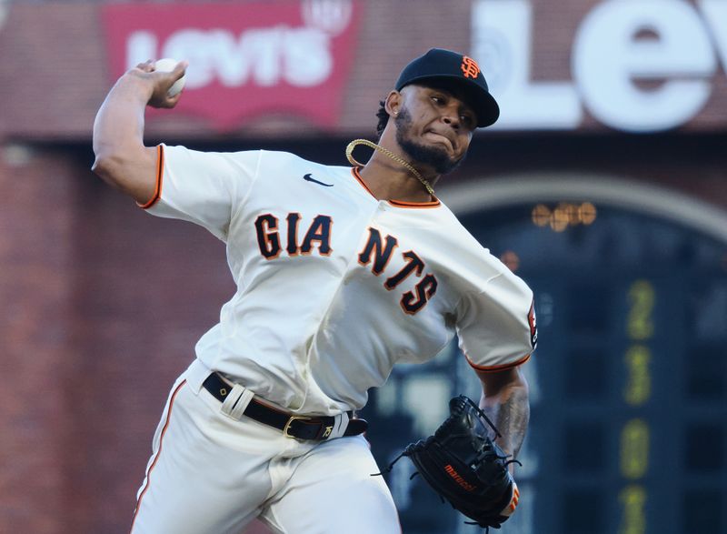 Aug 27, 2023; San Francisco, California, USA; San Francisco Giants relief pitcher Camil Doval (75) pitches the ball against the Atlanta Braves during the ninth inning at Oracle Park. Mandatory Credit: Kelley L Cox-USA TODAY Sports