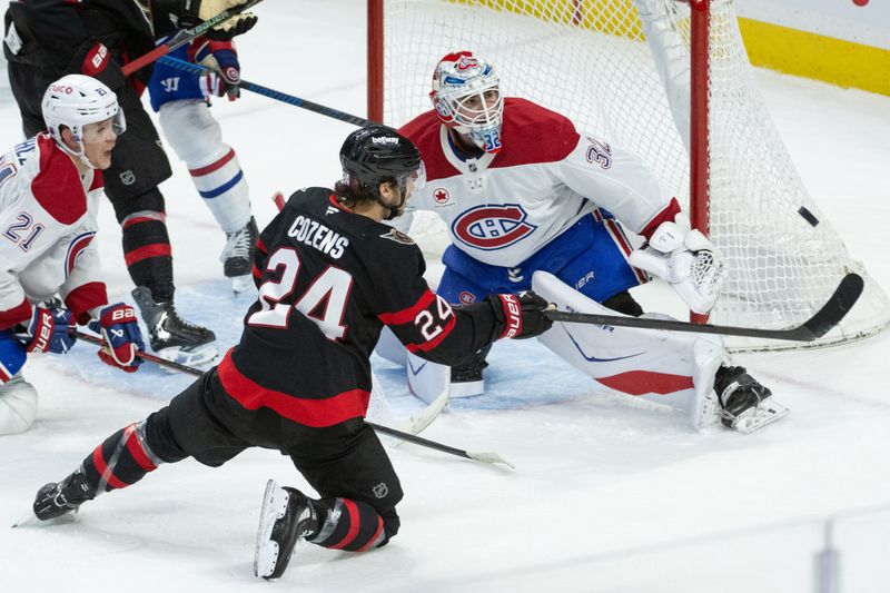 Mar 11, 2026; Ottawa, Ontario, CAN; Montreal Canadiens goalie Jacob Fowler (32) makes a save in front of Ottawa Senators center Dylan Cozens (24) in the third period at the Canadian Tire Centre. Mandatory Credit: Marc DesRosiers-IMAGN Images