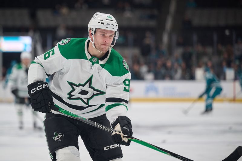 Dec 18, 2025; San Jose, California, USA; Dallas Stars right wing Mikko Rantanen (96) warms up before the game against the San Jose Sharks at SAP Center at San Jose. Mandatory Credit: Robert Edwards-Imagn Images