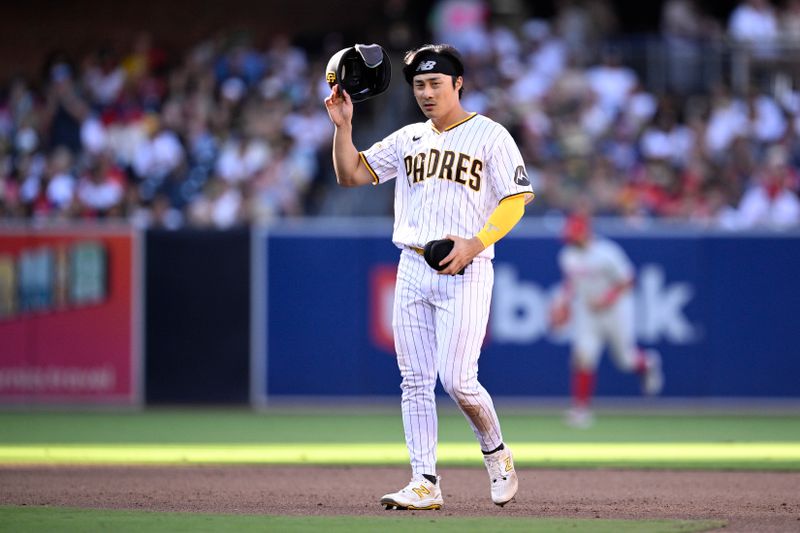 Sep 4, 2023; San Diego, California, USA; San Diego Padres third baseman Ha-seong Kim (7) looks on during the fourth inning against the Philadelphia Phillies at Petco Park. Mandatory Credit: Orlando Ramirez-USA TODAY Sports