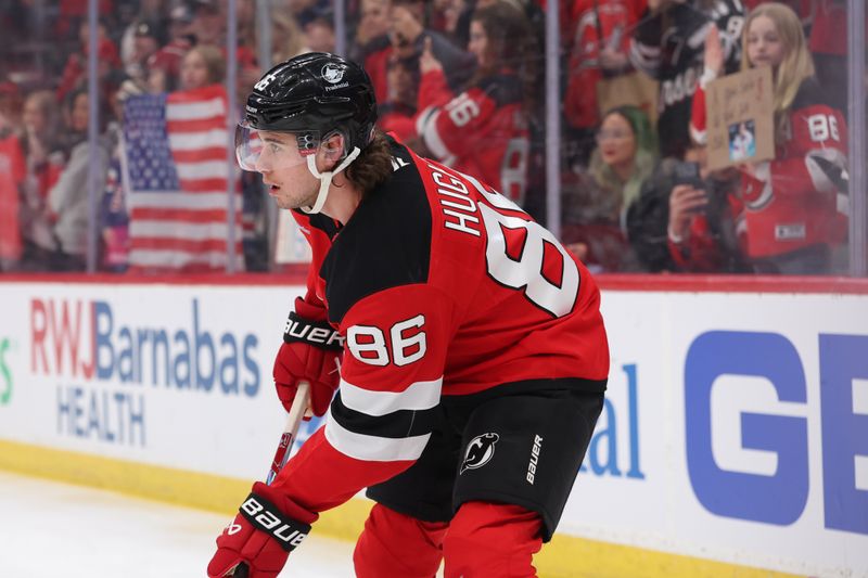 Feb 25, 2026; Newark, New Jersey, USA; New Jersey Devils center Jack Hughes (86) skates during warmups prior to the start of their game against the Buffalo Sabres at Prudential Center. Mandatory Credit: Ed Mulholland-Imagn Images