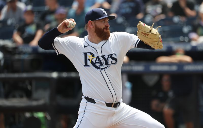Apr 10, 2025; Tampa, Fl, USA;  Tampa Bay Rays starting pitcher Zack Littell (52) throws a pitch against the Los Angeles Angels during the first inning at George M. Steinbrenner Field. Mandatory Credit: Kim Klement Neitzel-Imagn Images