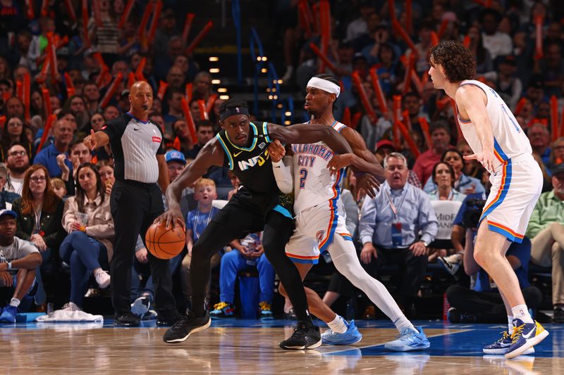 OKLAHOMA CITY, OK - MARCH 12: Shai Gilgeous-Alexander #2 of the Oklahoma City Thunder plays defense during the game against the Indiana Pacers on March 12, 2024 at Paycom Arena in Oklahoma City, Oklahoma. NOTE TO USER: User expressly acknowledges and agrees that, by downloading and or using this photograph, User is consenting to the terms and conditions of the Getty Images License Agreement. Mandatory Copyright Notice: Copyright 2024 NBAE (Photo by Zach Beeker/NBAE via Getty Images)