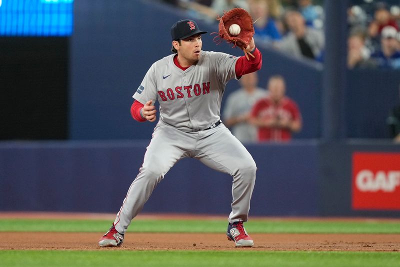 Sep 23, 2024; Toronto, Ontario, CAN; Boston Red Sox first baseman Triston Casas (36) fields a ground ball hit by Toronto Blue Jays right fielder George Springer (not pictured) during the first inning at Rogers Centre. Mandatory Credit: John E. Sokolowski-Imagn Images