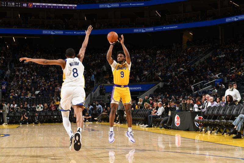 SAN FRANCISCO, CA - OCTOBER 18: Bronny James #9 of the Los Angeles Lakers shoots the ball during the game against the Golden State Warriors during a NBA Preseason game on October 18, 2024 at Chase Center in San Francisco, California. NOTE TO USER: User expressly acknowledges and agrees that, by downloading and or using this photograph, user is consenting to the terms and conditions of Getty Images License Agreement. Mandatory Copyright Notice: Copyright 2024 NBAE (Photo by Noah Graham/NBAE via Getty Images)