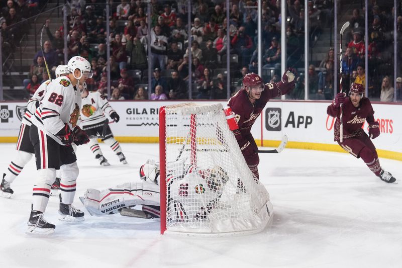 Mar 18, 2023; Tempe, Arizona, USA; Arizona Coyotes center Barrett Hayton (29) celebrates a goal against the Chicago Blackhawks during the second period at Mullett Arena. Mandatory Credit: Joe Camporeale-USA TODAY Sports