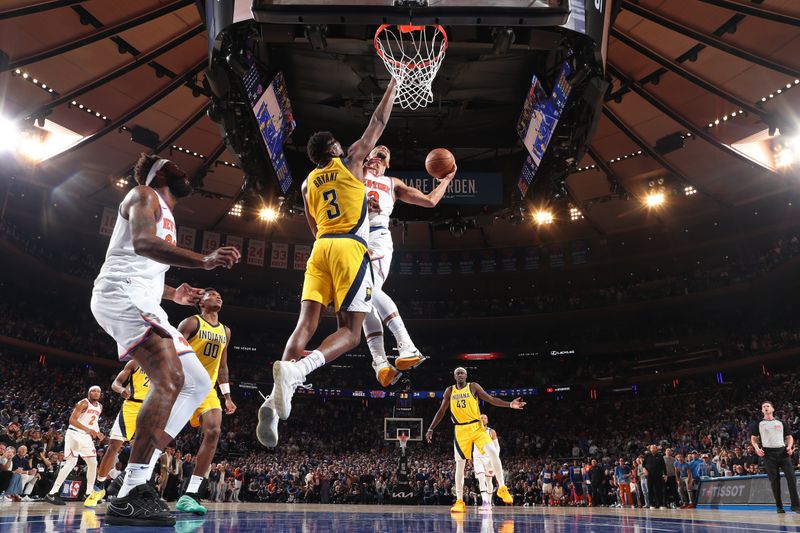 NEW YORK, NY - MAY 21: Josh Hart #3 of the New York Knicks drives to the basket during the game against the Indiana Pacers during Game 1 of the 2025 Eastern Conference Finals on May 21, 2025 at Madison Square Garden in New York City, New York. NOTE TO USER: User expressly acknowledges and agrees that, by downloading and or using this photograph, User is consenting to the terms and conditions of the Getty Images License Agreement. Mandatory Copyright Notice: Copyright 2025 NBAE(Photo by Nathaniel S. Butler/NBAE via Getty Images)